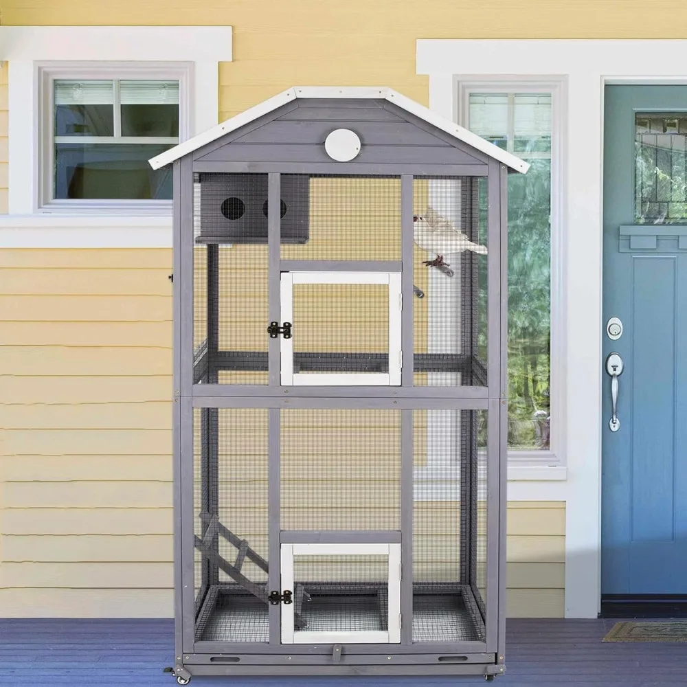 

Large Wooden Flight Aviary with Perches, Nest Habitat, Easy-Clean Pull Out Tray