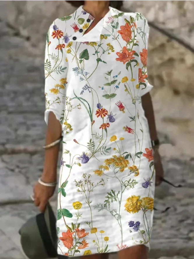 

Spring Stand-Up Collar Button Cotton Mini Dresses Women Casual Linen Solid Color Mid-Sleeve Dress Retro Summer Lady Office Dress