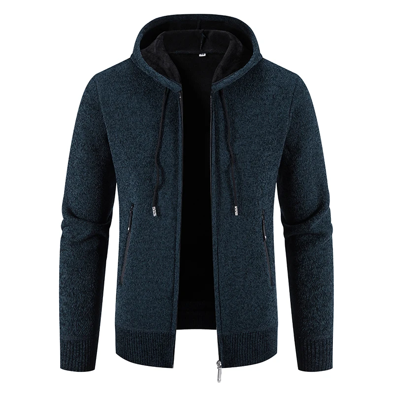 2024 New Winter Mens Sweaters Hooded Fleece Cardigan Men Knitted Warm Sweatercoat Solid Casual Hooded Sweater Jacket Man