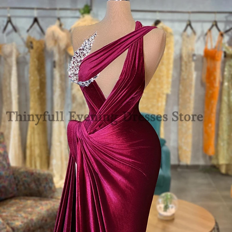 Thinyfull 2023 Mermaid Prom Dresses One Shoulder Beadings Velvet Evening Dress Saudi Arabia Dubai Cocktail Party Gowns Plus Size