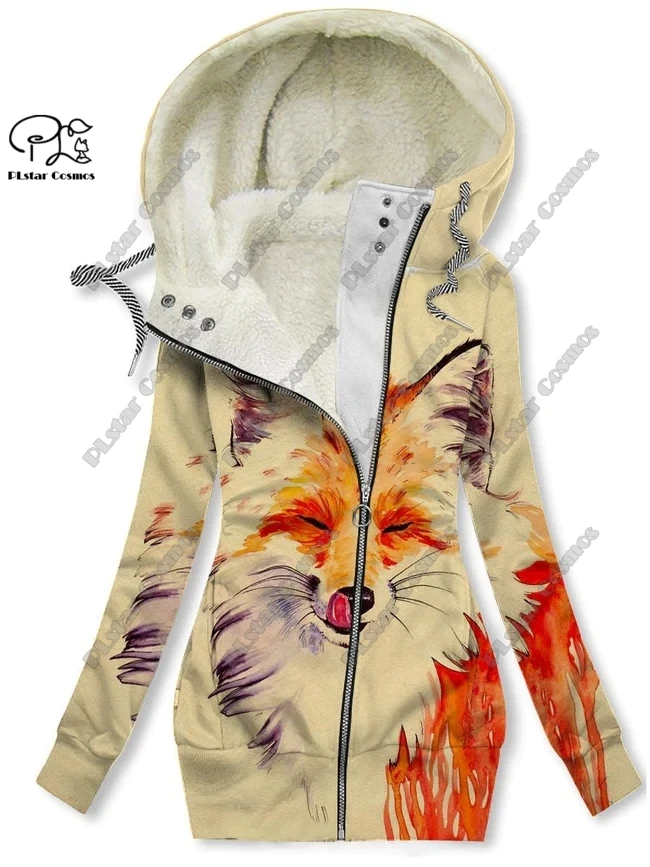 New 3D printing retro series floral and animal patterns plus velvet and warm women's long zipper sweatshirt casual winter L-22