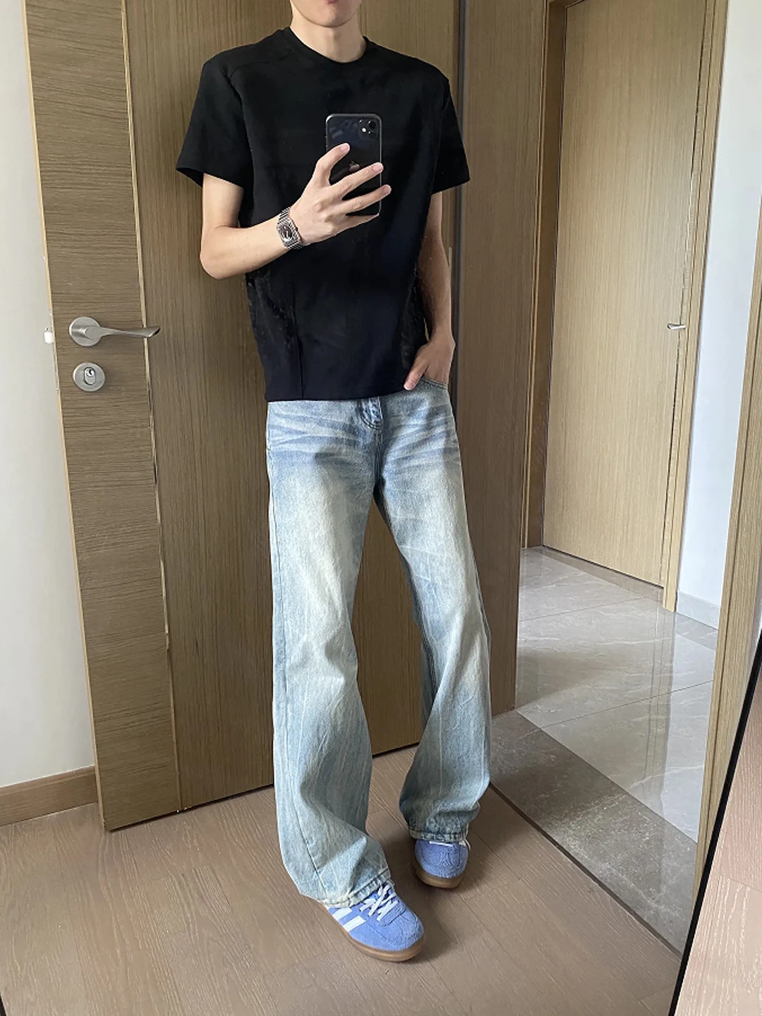 

Retro Light Blue American Washed Knife Men's Jeans Cleanfit Straight Leg Casual Spring Denim Pants for Youth