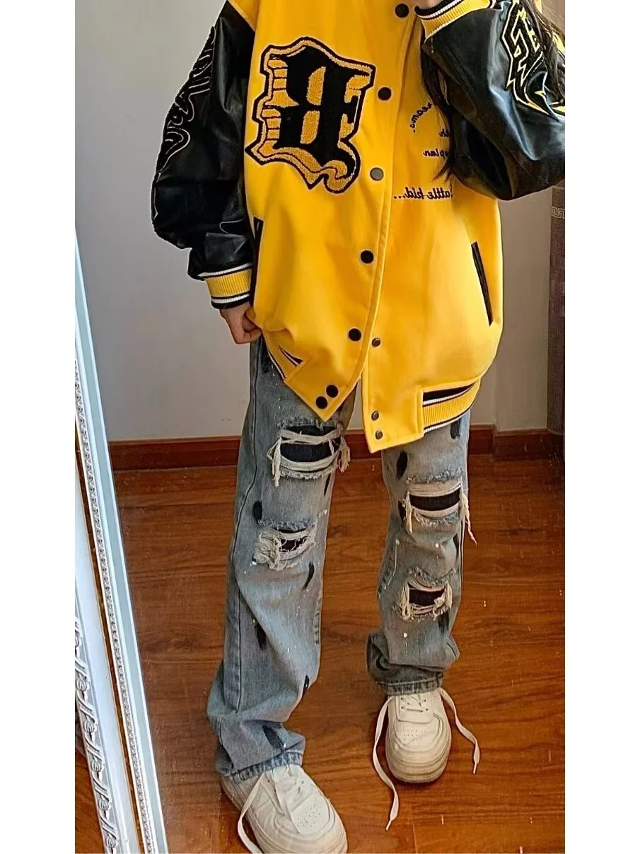 

Retro American Fire Letter Yellow Baseball Jaet for Couples ex Street Sle Spring Summer Outerwear Long Sve Coat