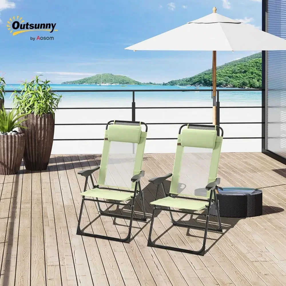 2-Piece Patio Dining Chairs Set, Outdoor Deck Chairs with Adjustable Sling Back, Versatile for Garden, Lawn, Green