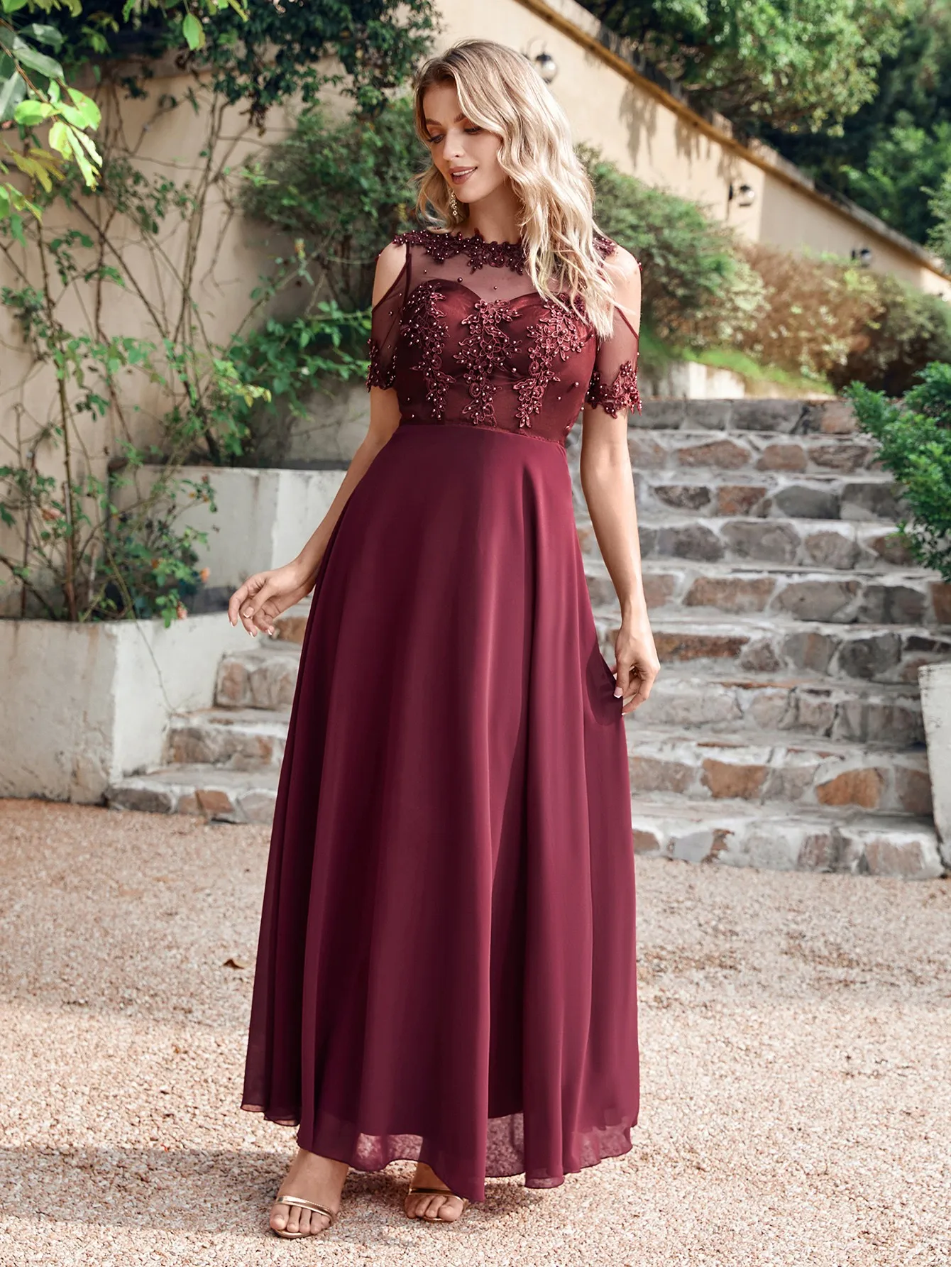 Chiffon A Line Evening Maxi Dresses Elegant Pearl Beaded Illusion Short Sleeve Boho Formal Wedding Party Guest Gowns Women