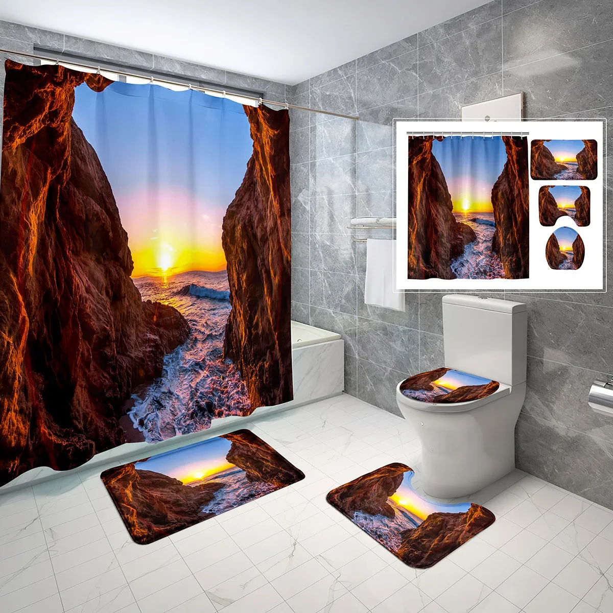 Coastal Cave Shower Curtain Sets 4 Pcs Sunset Nature Rock Sunlight Non-Slip Bath Mat Toilet Cover Waterproof Shower Curtain Set