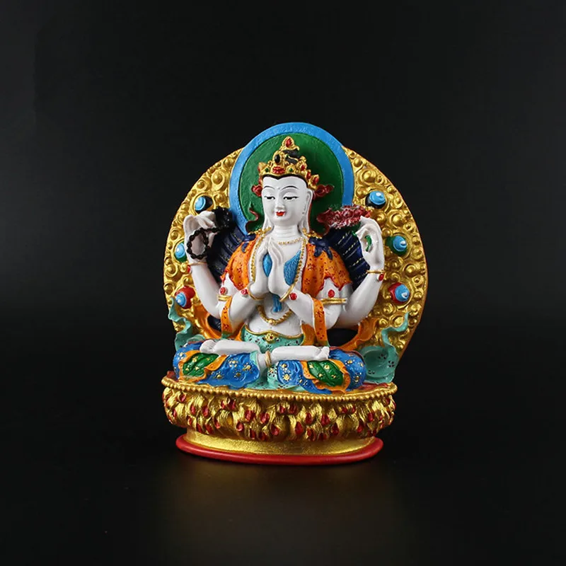 11.5cm Avalokitesvara Bodhisattva Delicate Resin Hand Plated Buddhist Suppliers Four-armed Guanyin Tibetan Figure Buddha Statue