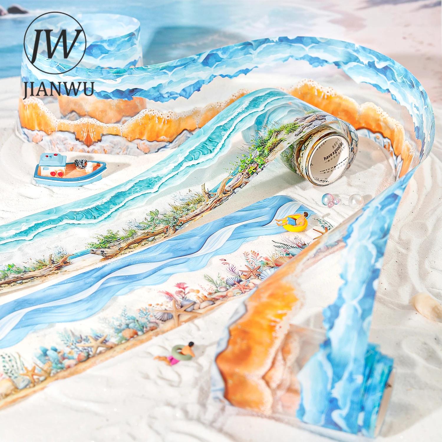 

JIANWU 70mm*200cm Sea and Shore Series Vintage Sea Waves Landscape Material Collage PET Tape Creative DIY Journal Stationery