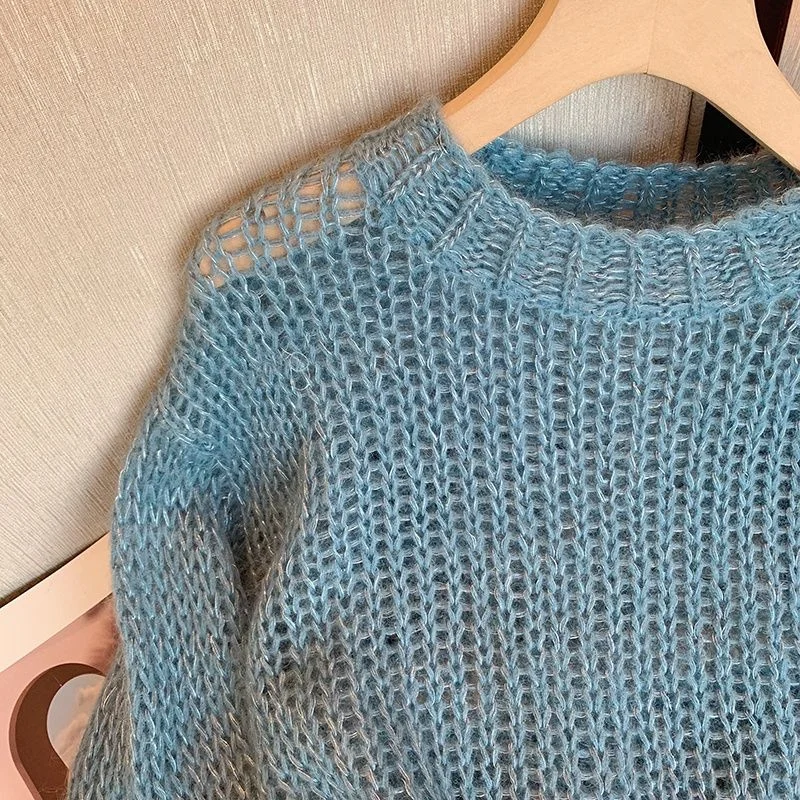 Maglione lavorato a maglia cavo con nappa di nuovo design primavera estate da donna con girocollo blu e filo spesso