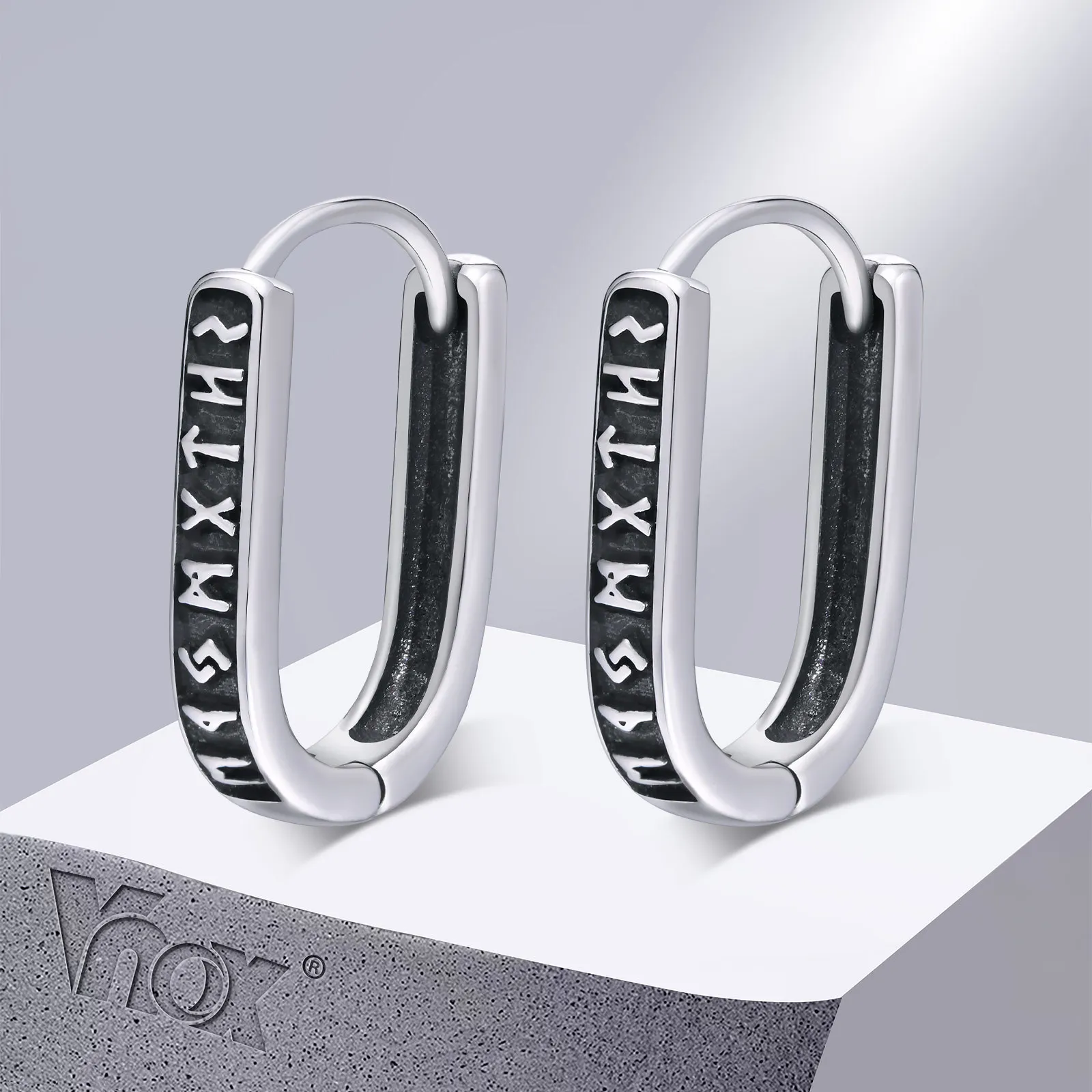 Vnox Viking Runes U Style Earrings for Men, Vintage Silver Color Stainless Steel Hoop Huggie Earrings,Gifts for Him Jewelry