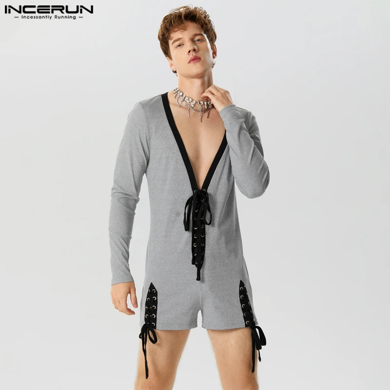 

INCERUN 2023 Fashionable Men's Bodysuits Knitted Pitted Ribbon Drawstring Design Jumpsuits Flat Angle Long Sleeve Rompers S-3XL