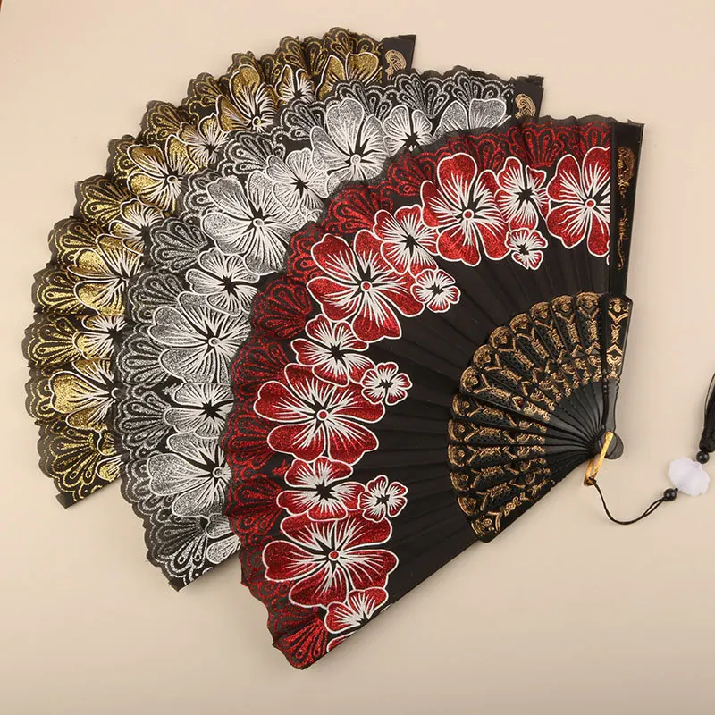 Retro Floral Print Folding Fan Chinese Style Plastic Ribs Hand Fan Portable Summer Women's Folding Fan Dance Performance Props