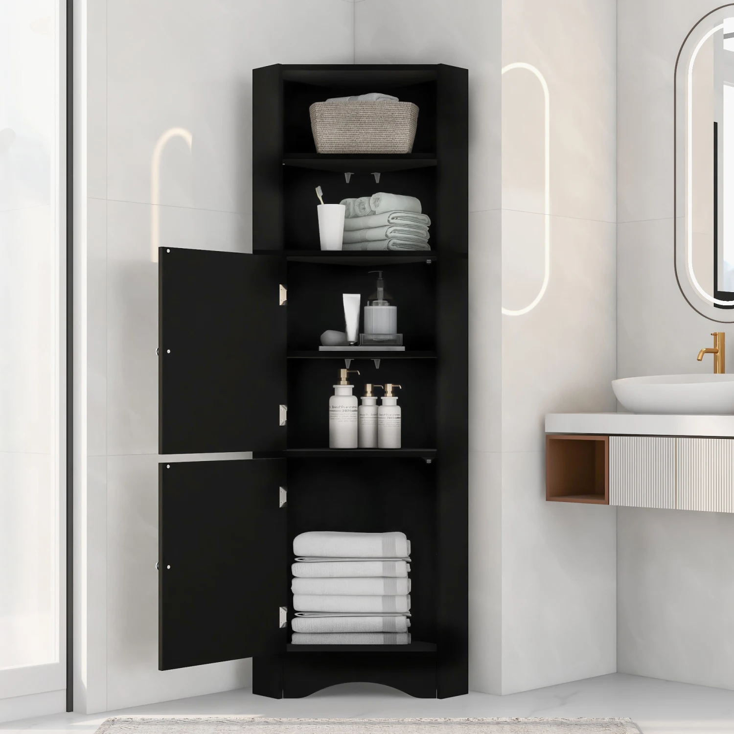 

Tall Black Bathroom Corner Cabinet with Doors, Adjustable Shelves, Freestanding Storage