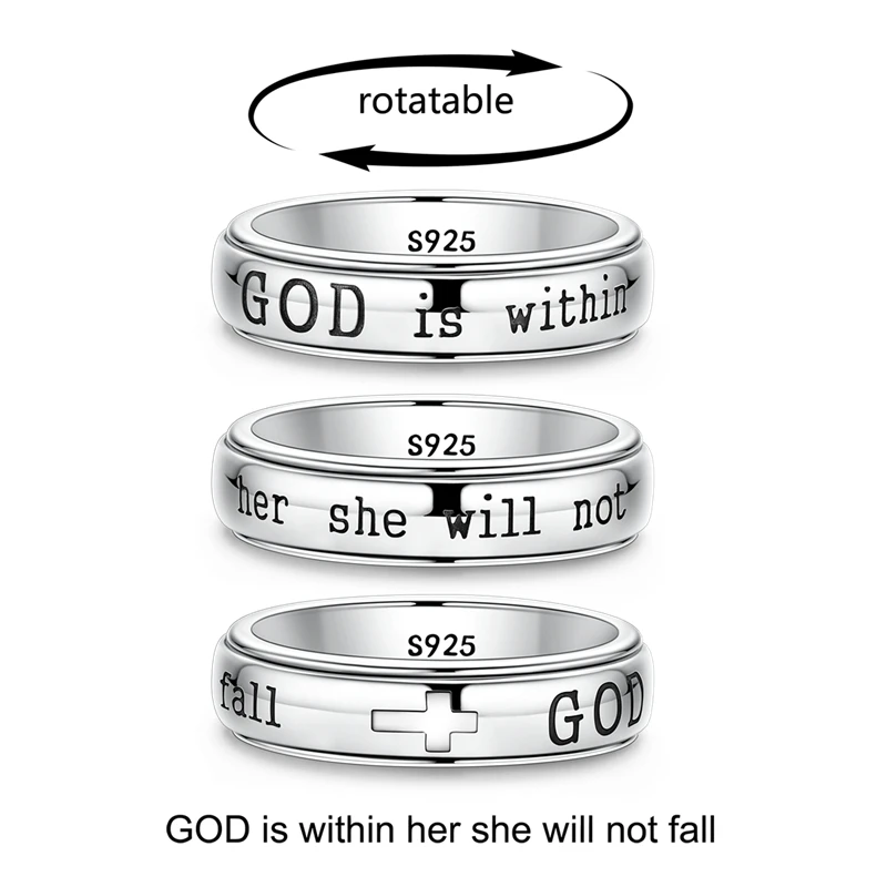 Original 925 Silver Rotatable Cross Ring Engraved GOD Ring for Women Men Faith Religious Party Birthday Jewelry Gift