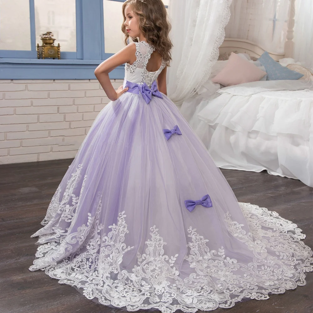 Lavender tulle trailing lace flower girl dress suitable for wedding, birthday party beauty pageant performance princess dress