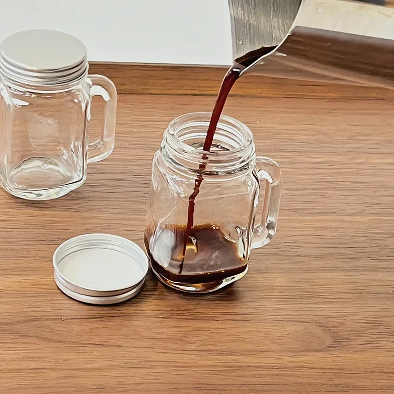 2Pcs Mini Mason Cup Coffee Concentrate Dispensing Bottle, On-the-go Small Creamer Glass Bottle, Jam Bottle with Lid and Handle