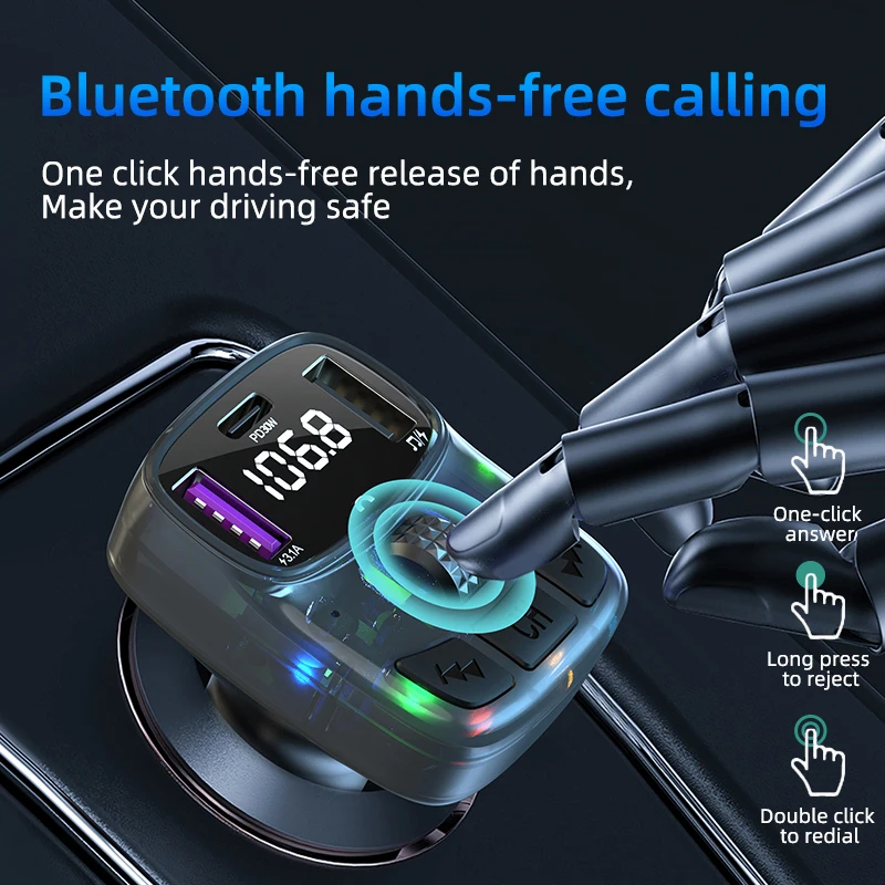 Car Bluetooth 5.3 FM Transmitter PD 30W Type-C Dual USB 4.2A Fast Charger Ambient Light Handsfree Radio Modulator MP3 Player