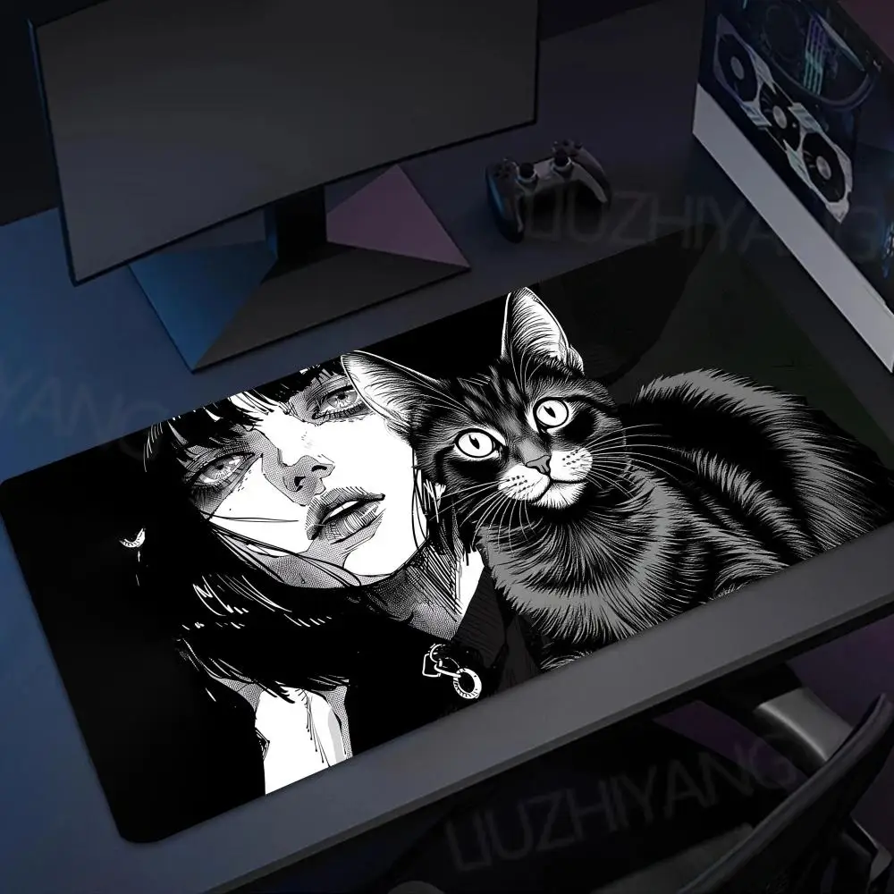 Black and white anime girl cat Mouse Pad XXL Gaming MousePad Large  Gamer Mause Carpet PC Desk Mat Computer Office Long Mousepad