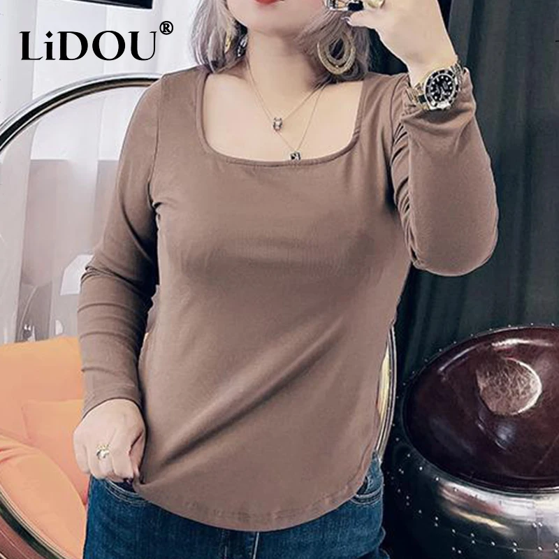 2023 Fall New Fashion Temperament Koreaanse Casual Plus Size T-shirts Effen Eenvoudige Hemd Effen Kleur Lange Mouwen Top Vrouwen