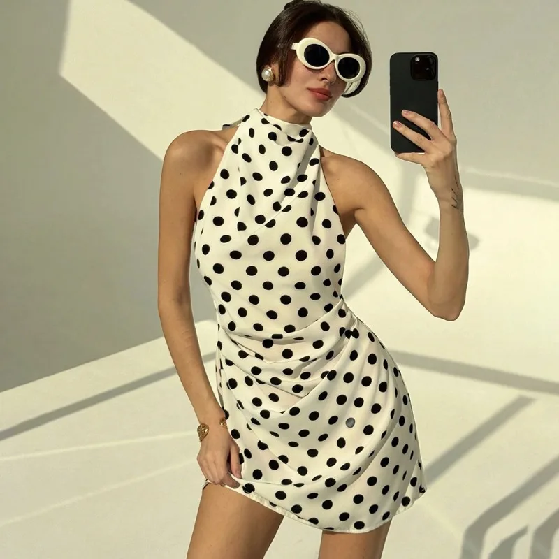 

Tuularose Summer Polka Dot Mini Dress Women's Sexy Sleeveless Backless Lace-up Dress Fashion Party Vintage Women's Casual Dress