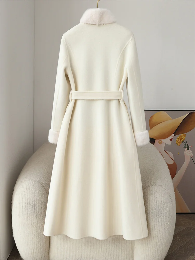 Chaqueta de invierno con puños y cuello de piel de visón Natural para mujer, abrigo de lana de Cachemira para mujer, ropa de calle con flores y perlas, abrigo de piel auténtica