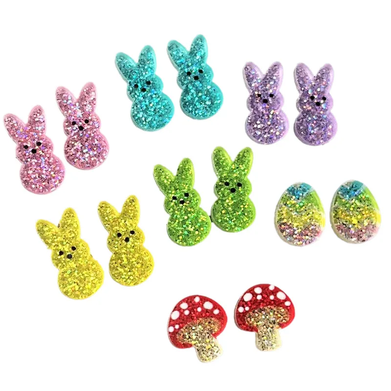 Fluffy Easter Marshmallow Bunny Earrings Rabbit Sparkly Glittered Studs Earrings for 2025 Easter Party Favor Acrylic #EAR1000307