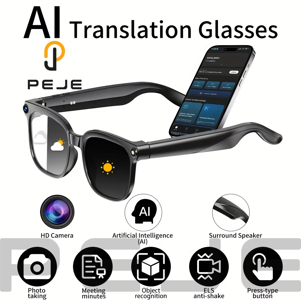 

PEJE 2026New 800W Pixel Camera Smart Glasses Men Video Recording AI Photo Recognition Bluetooth Call Voice Translation Sunglasse
