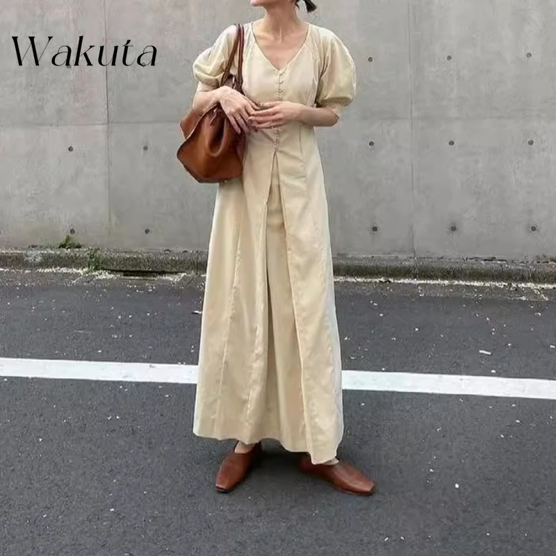 

WAKUTA Japanese Retro Court Style V-neck Long Sleeve Dresses Harajuku Temperament Commuting Slimming High Waisted Bodycon Dress