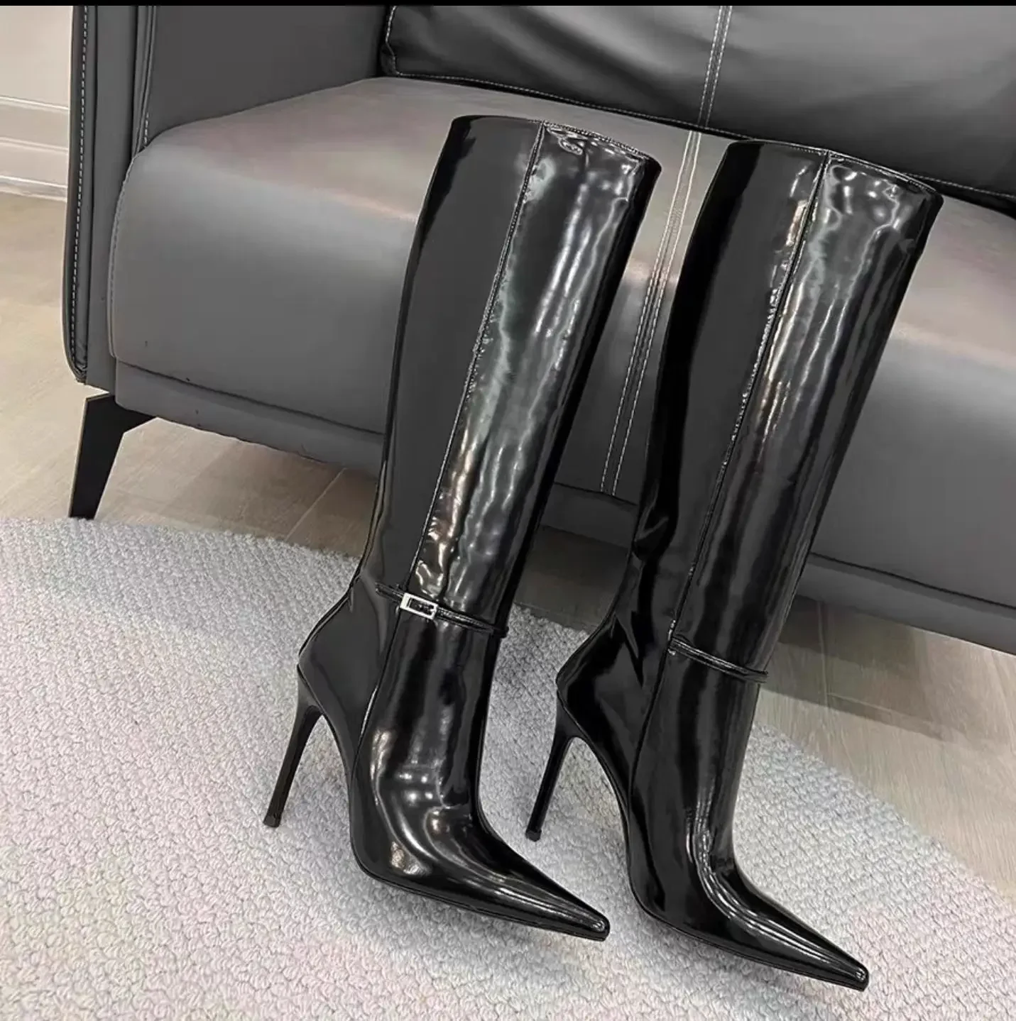 Brown Patent Leather Buckle High Heel Boots Woman Winter 2025 Black Pointed Toe Slip-On Sexy Knee-High Boots Long Fashion Boots