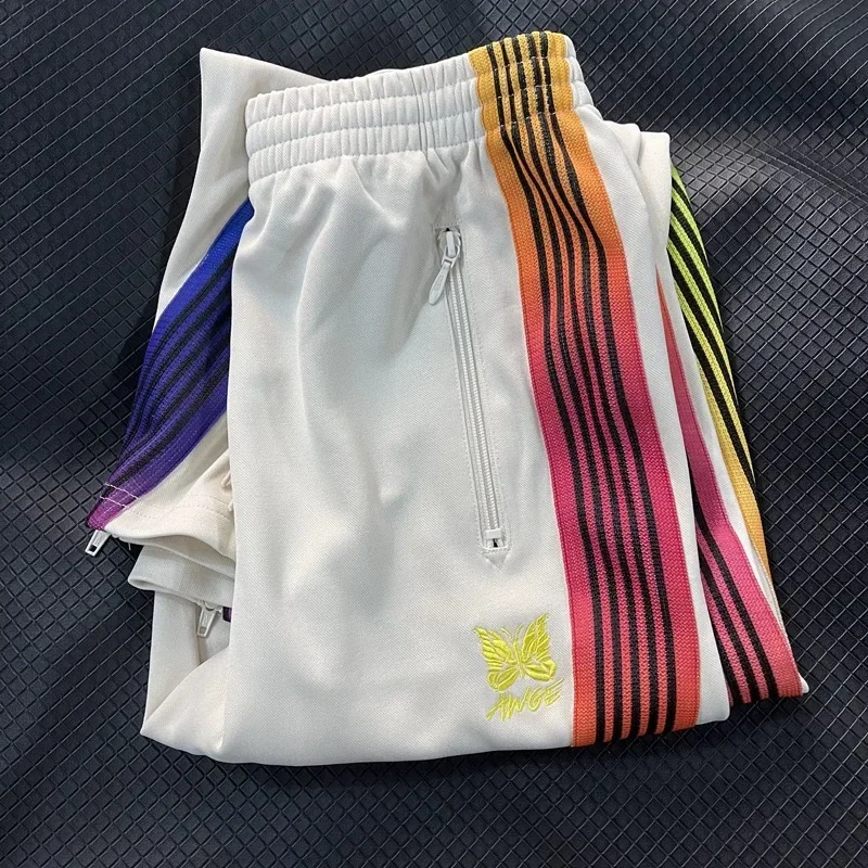 

2025ss AGWE White Sweatpants Butterfly Embroidery Rainbow Striped Drawstring Jogger Pants Zipper Pocket Trousers With Tags