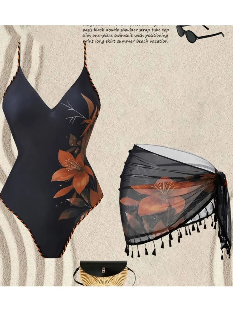

Retro Bikini Printed Fashion Two Piece Swimsuit And Cover Up With Skirt Tight Women's Bandage Summer Beach Luxury Elegant
