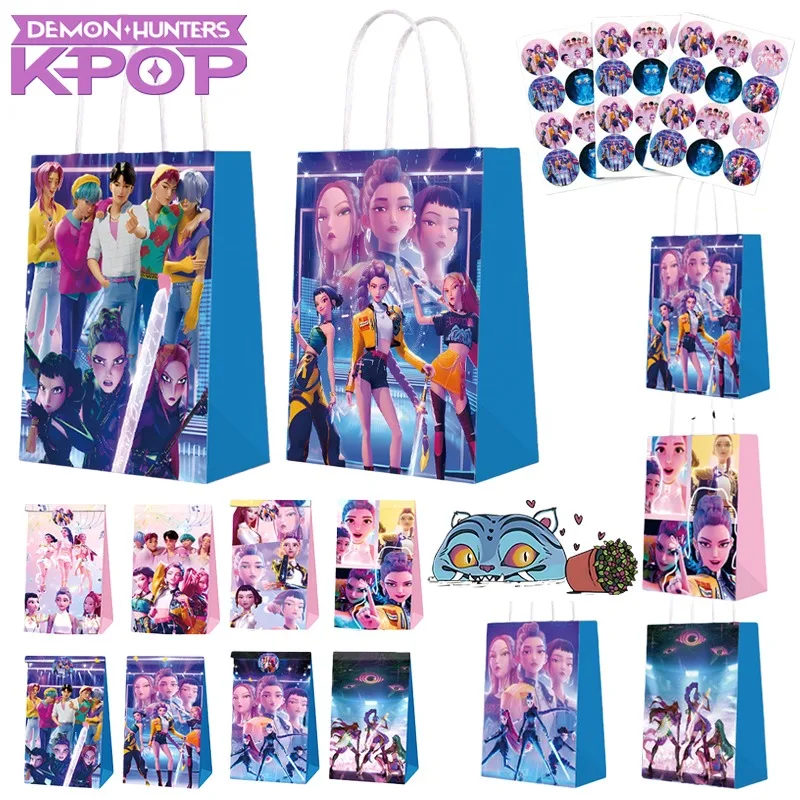 

12Pcs K-POP Demon Hunters Kraft Paper Bag for Girls Rumi Birthday Party Gifts Bags Christmas Wrapping Bags Snack Packing Handbag