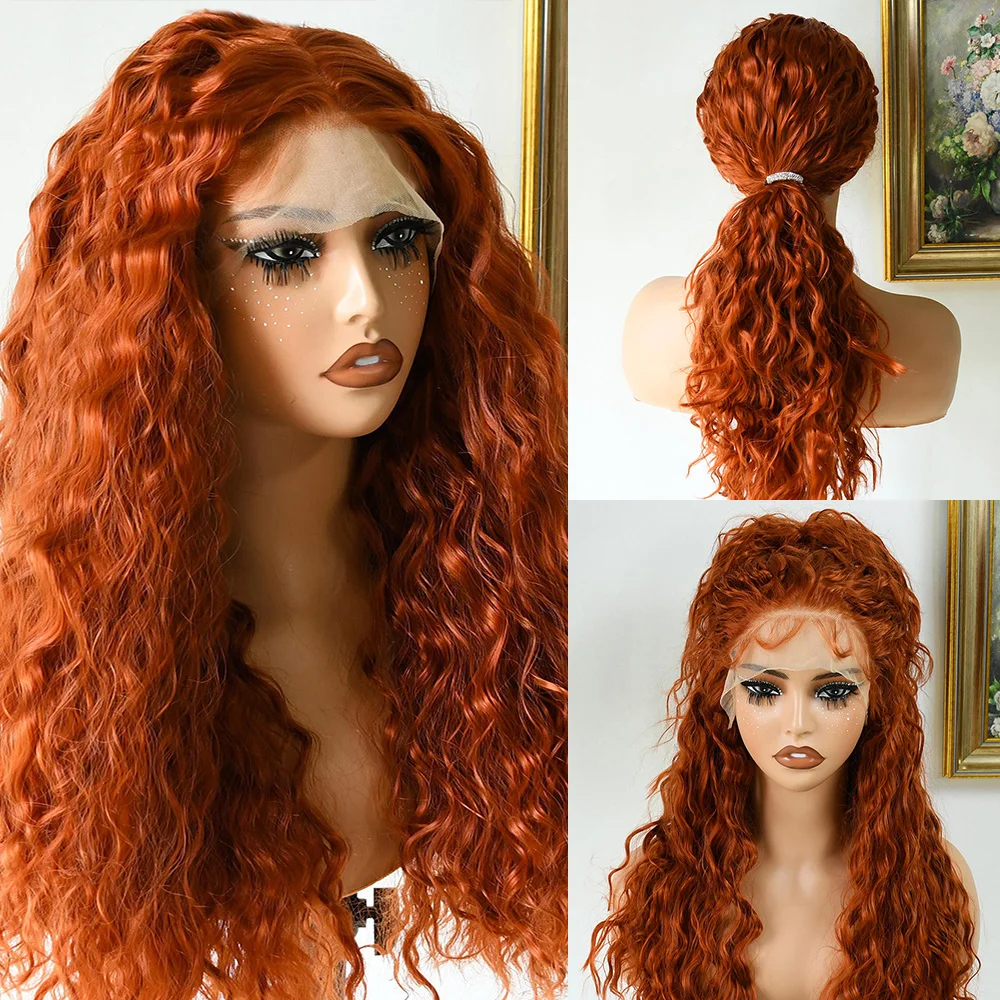 الزنجبيل مجعد الدانتيل الجبهة الباروكات طويلة غلويليس موجة عميقة الاصطناعية الدانتيل الباروكات الأمامية البرتقال الزنجبيل شعر مستعار الجزء الأوسط شعر مستعار مجعد فضفاض