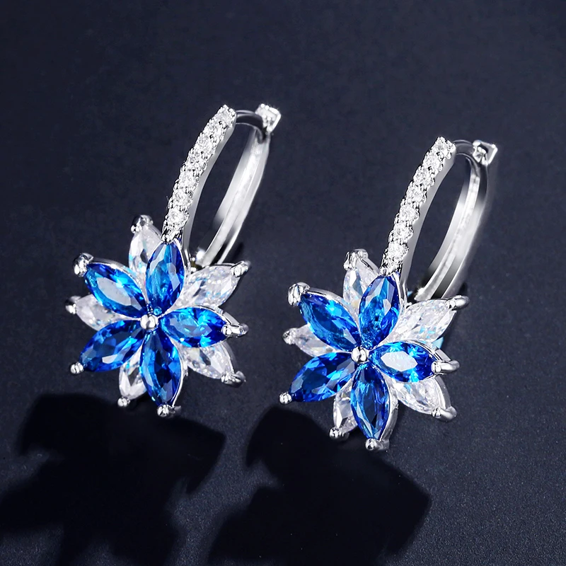 Uilz Korean Blue Cubic Zircon Crystal Flower Cute Dangle Earrings for Women Party Fashion Jewelry Accessories