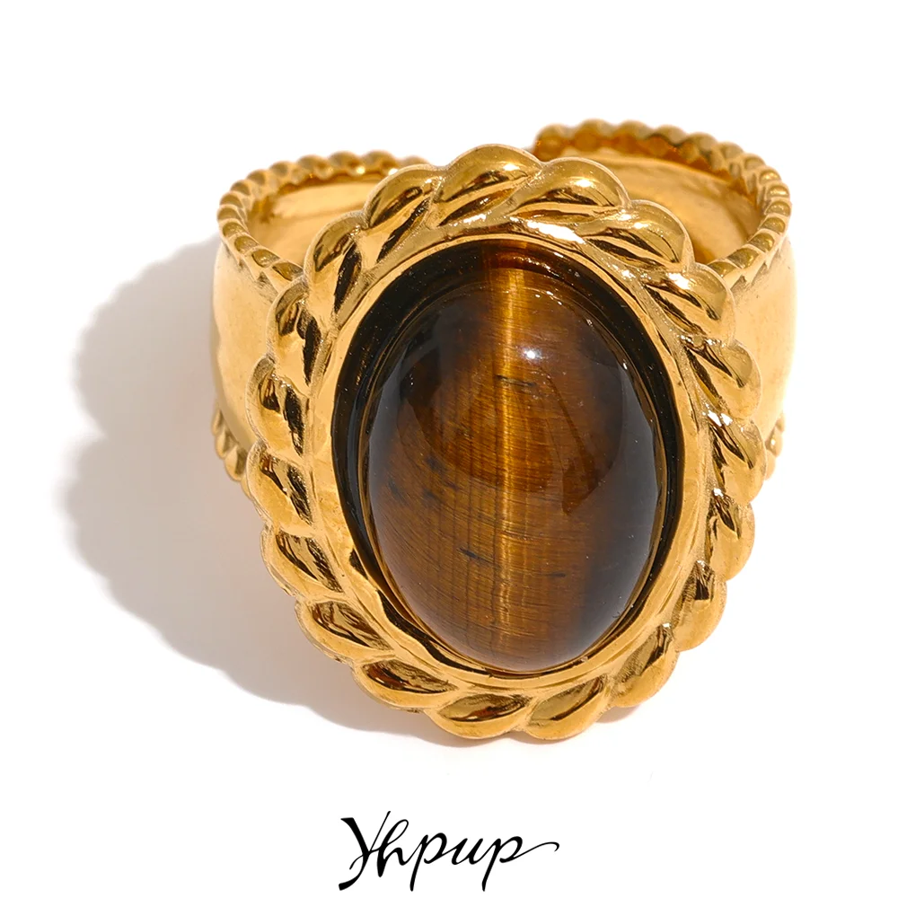 Yhpup Stainless Steel Wide Chunky Ring Inlaid Tiger Natural Stone Jewelry Trend Europe Bijoux Vintage Stylish Statement