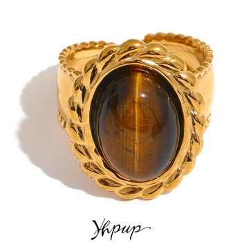 Yhpup-Anillo ancho y grueso de acero inoxidable con incrustaciones de tigre, joyería de piedra Natural, bisutería europea, declaración elegante Vintage