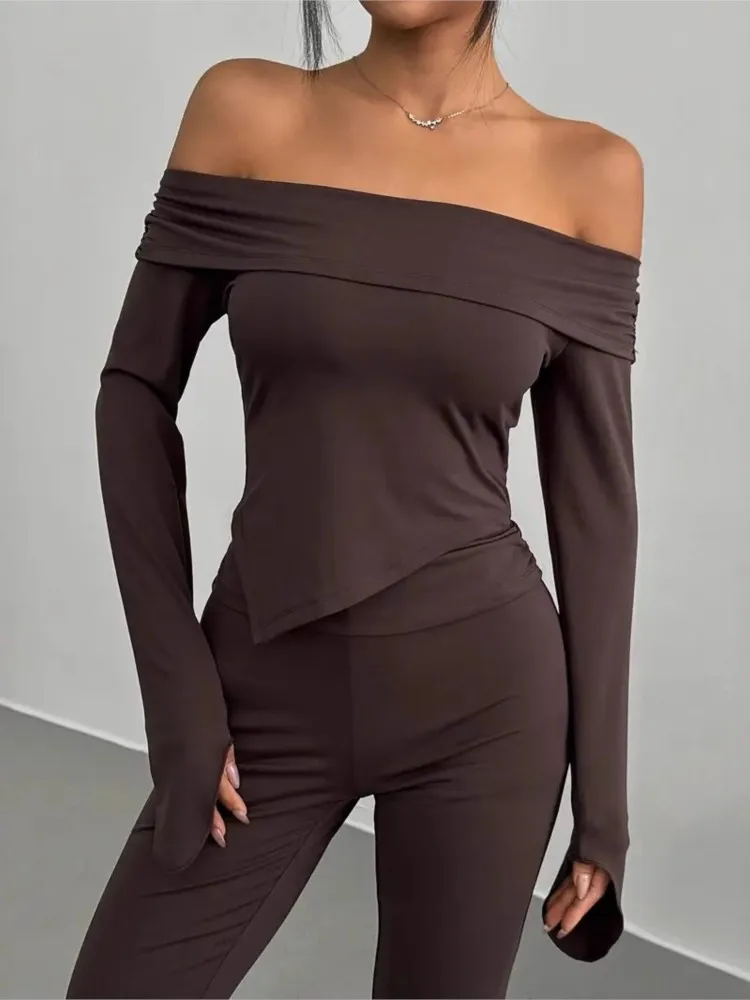 مجموعة أزياء المرأة الصلبة عارضة طويلة الأكمام أعلى قطعتين مجموعة جديدة ربيع الخريف أنيقة عطلة حزب قطعتين ملابس امرأة