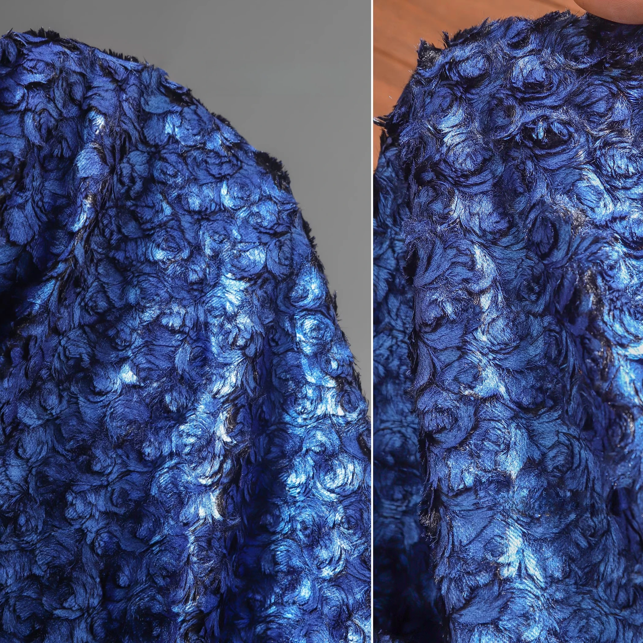 

Темно-синяя плюшевая ткань с горячим тиснением и мехом, трехмерная жаккардовая куртка с кисточками, полуюбка, дизайнерская ткань для одежды