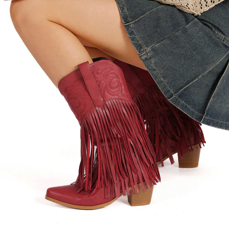 Cowgirls Fringe Western Boots Women's Embroider Mid Calf Cosplay Boots Retro Cowboy Style Heels Shoes