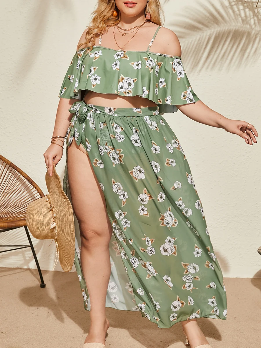 Bikini de talla grande para mujer, traje de baño con estampado Floral y dobladillo con volantes, falda de playa, 2023