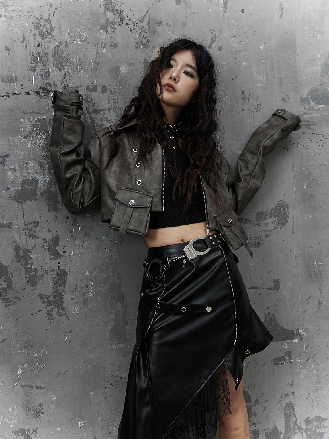 Retro punk tingimento e descoloração ort solto zíper couro jaet street sle feminino primavera faion outerwear