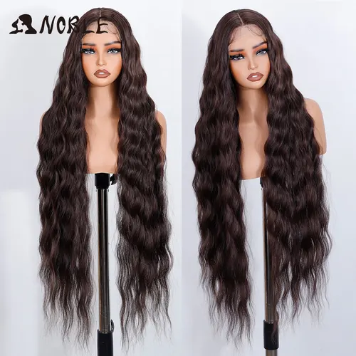 Imagen 2 del producto Peluca con malla frontal sintética Noble, peluca marrón Chocolate de 36 "", peluca ondulada con cuerpo de encaje para mujer, peluca con malla frontal, peluca de Cosplay Rubio degradado