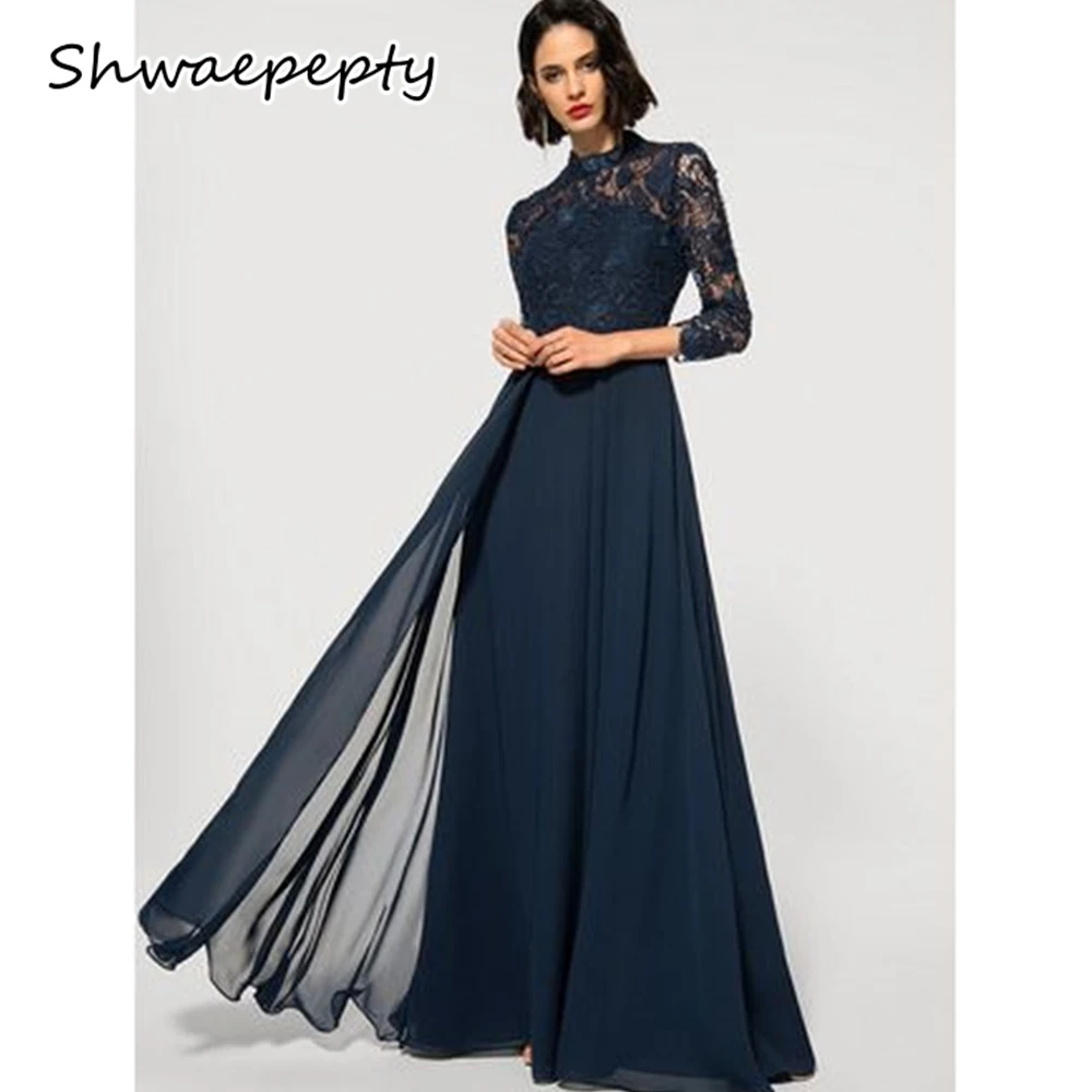 Dark Navy Blue A Line Long Mother Of The Bride Dress Lace Sleeves High Neck Chiffon Wedding Party Dress For Women Customized