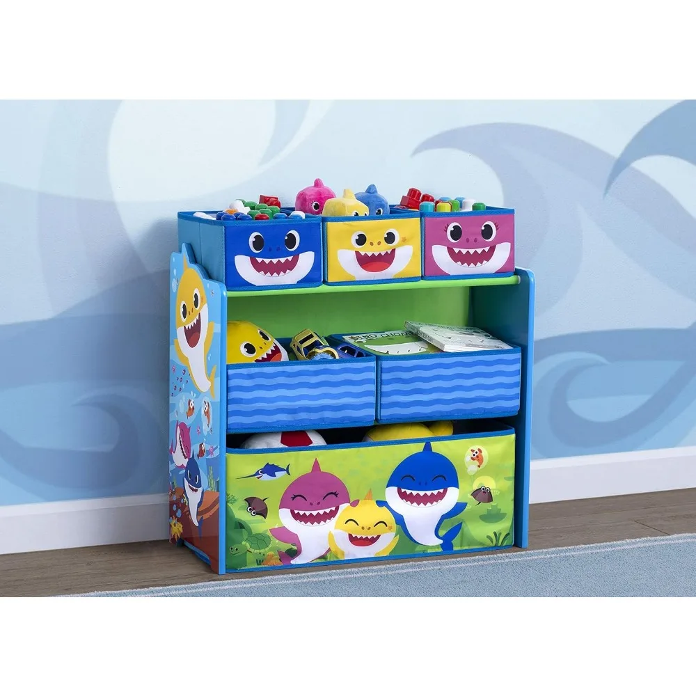 Conjunto de mesa e cadeira infantil Baby Shark com armazenamento (2 cadeiras incluídas) Além de design e loja Organizador de armazenamento de brinquedos com 6 compartimentos