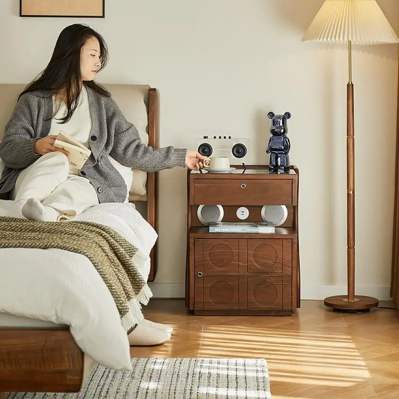 

black walnut, bedside table, household bedroom bedside, smart locker, solid wood fingerprint lock, storage cabinet