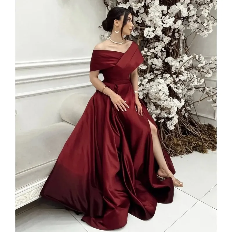 Borgonha cetim vestido de noite fora do ombro fenda a linha plissado vestido de baile para mulher vestido de festa vestdos de fiesta personalizado