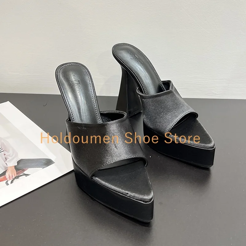 الساتان أشار تو منصة عالية النعال النسائية كعب مكتنز الانزلاق على الصيف عطلة نمط النعال سيدة الموضة المنصة الأحذية #6