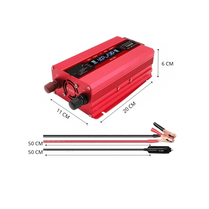 Automotive 12V 230V 650W (1500W Peak) Single Phase Auto Voltage Inverter LCD Display 2 USB Ports EU Plug Fan 90% Efficient