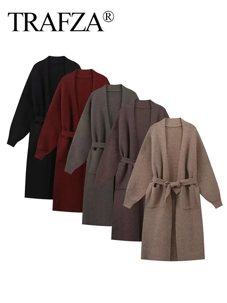 TRAFZA Autumn Women Solid Bow Belt Decorate Long Sleeves Knitted Cardigan Women's Chic Pockets 5-Color Resilience Sweater Mujer