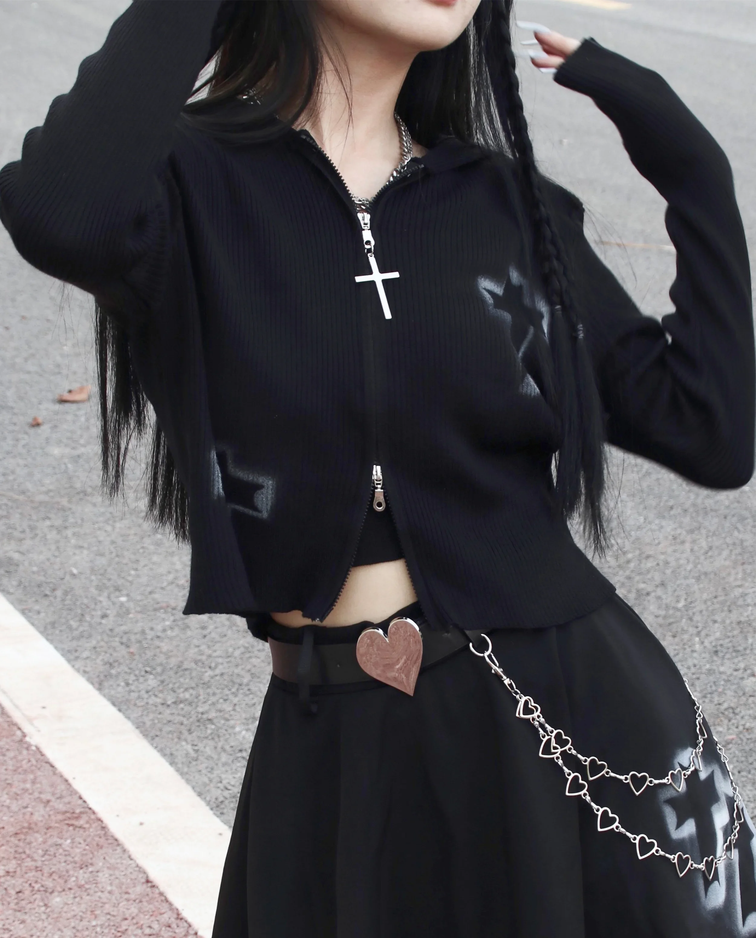 Ruibbit Spring Autumn Women Rock Gothic Knitting Harajuku Punk Cross print Slim Vintage Cardigan zipper Long Sleeve Top Hot Girl